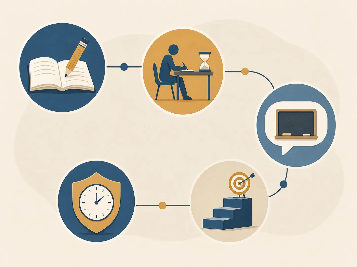 Illustrated map of five connected study habits: problem solving, persistence, explanation, calibrated difficulty, and protected time