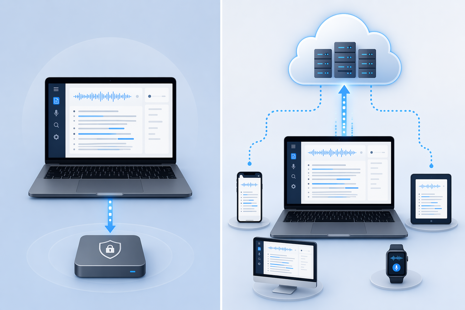 Illustration comparing local device processing with cloud processing for AI note-taking