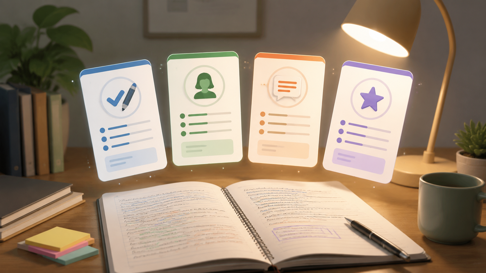 Digital tool cards floating above an essay draft notebook to show different AI essay feedback options