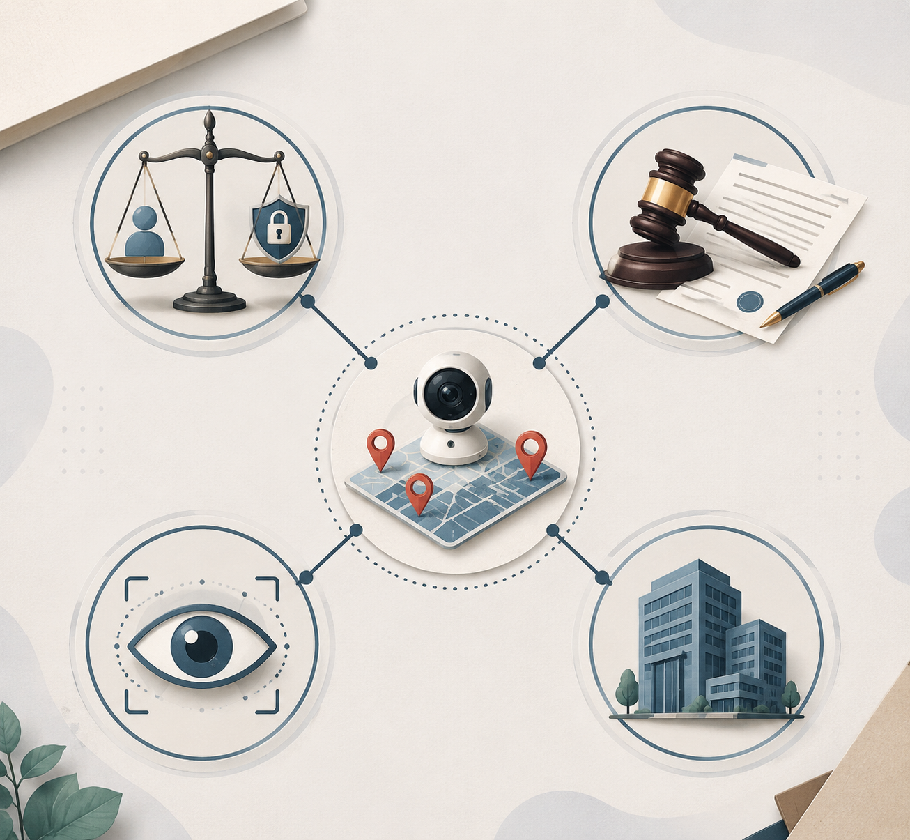 IP camera with nodes for privacy, regulation, surveillance, and corporate liability