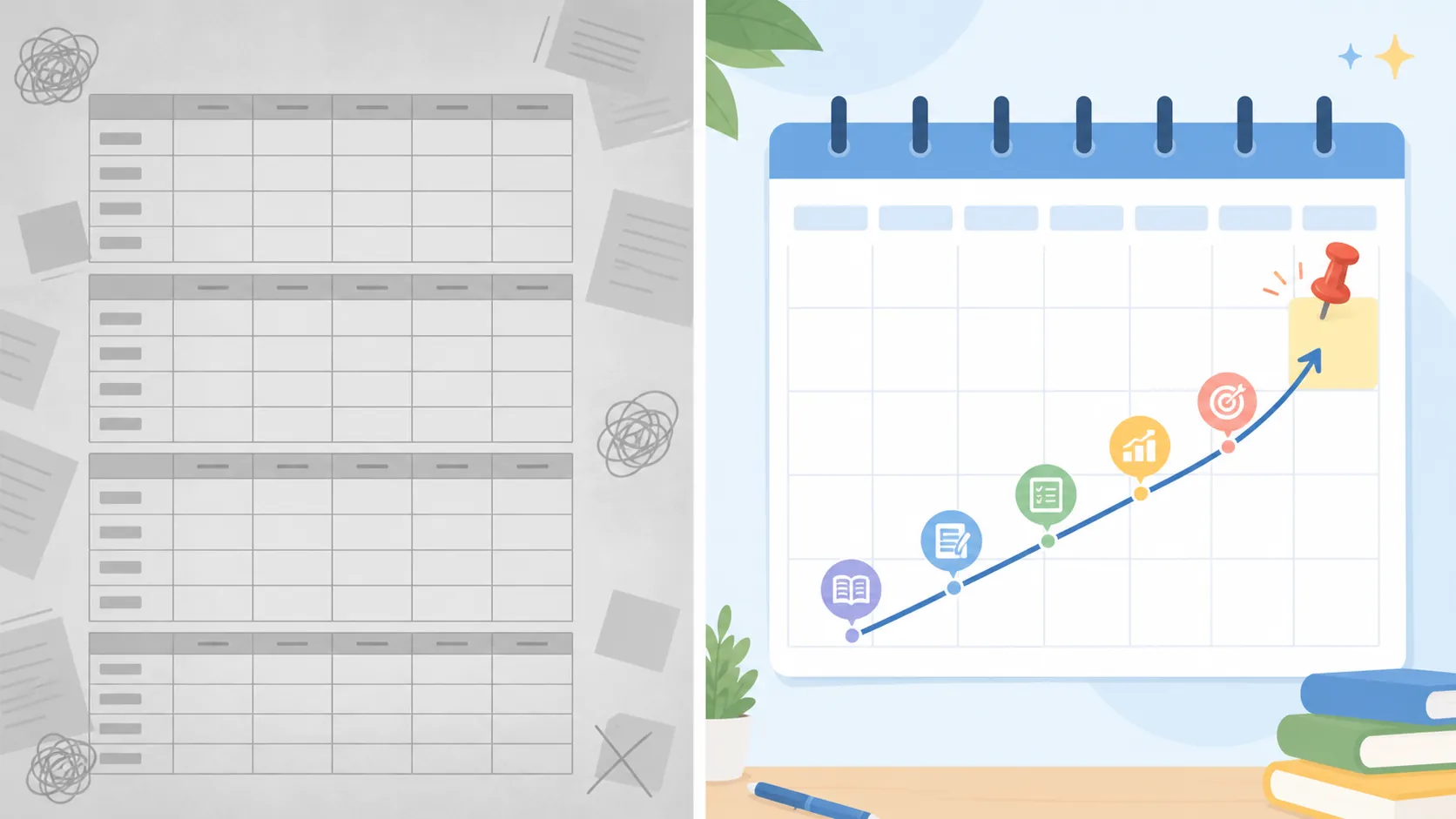 Comparison of a vague weekly timetable and a bright calendar anchored to a pinned test date