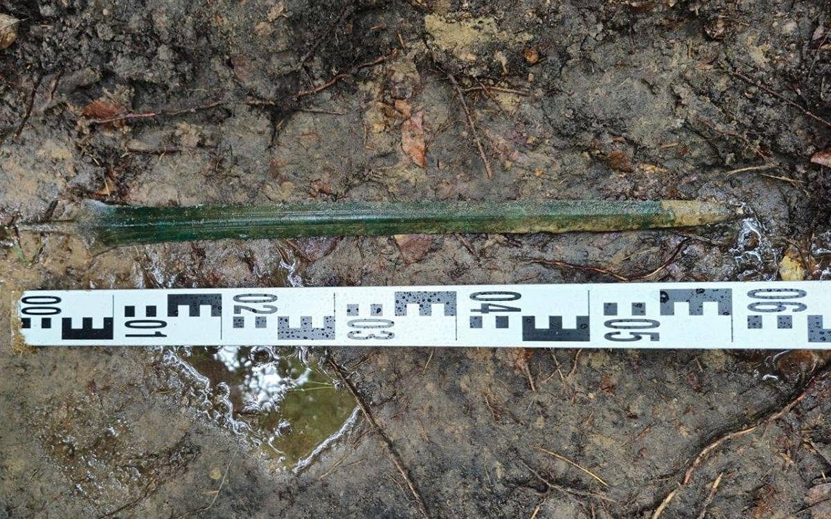 Ornate Bronze Age sword after excavation on a neutral background.