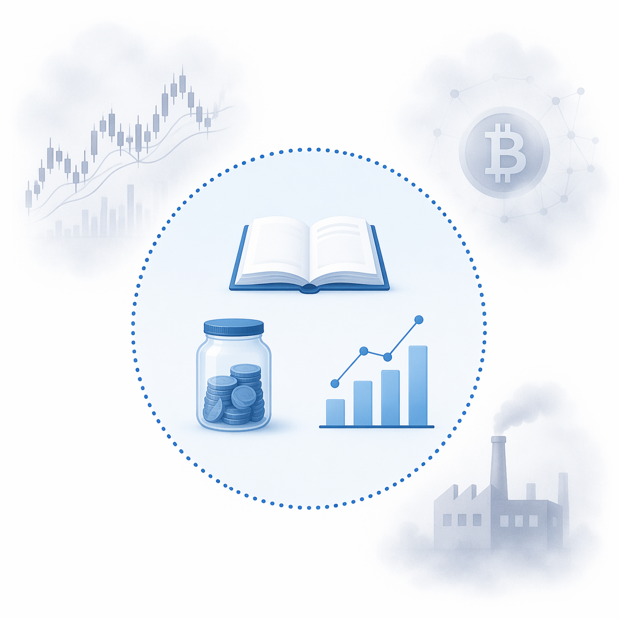 An illustrated circle containing simple icons for a book, savings jar, and graph, with more complex investing symbols outside the boundary