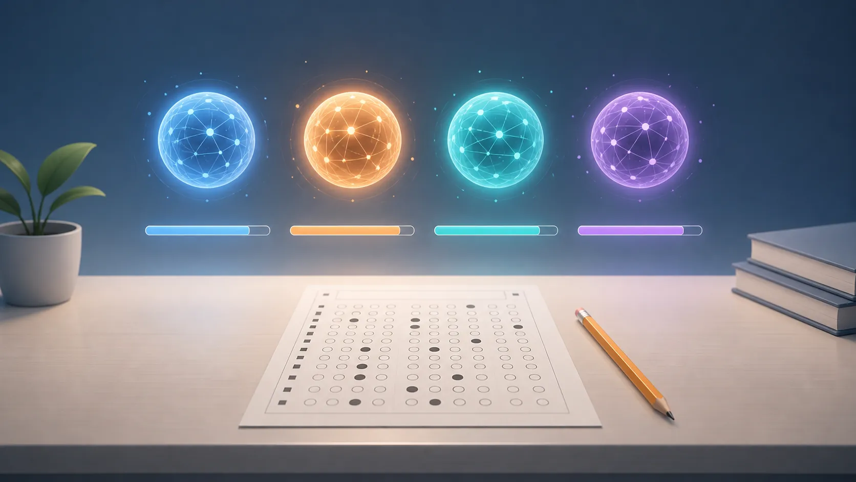 Standardized test paper on a clean desk with four clustered AI orbs above it