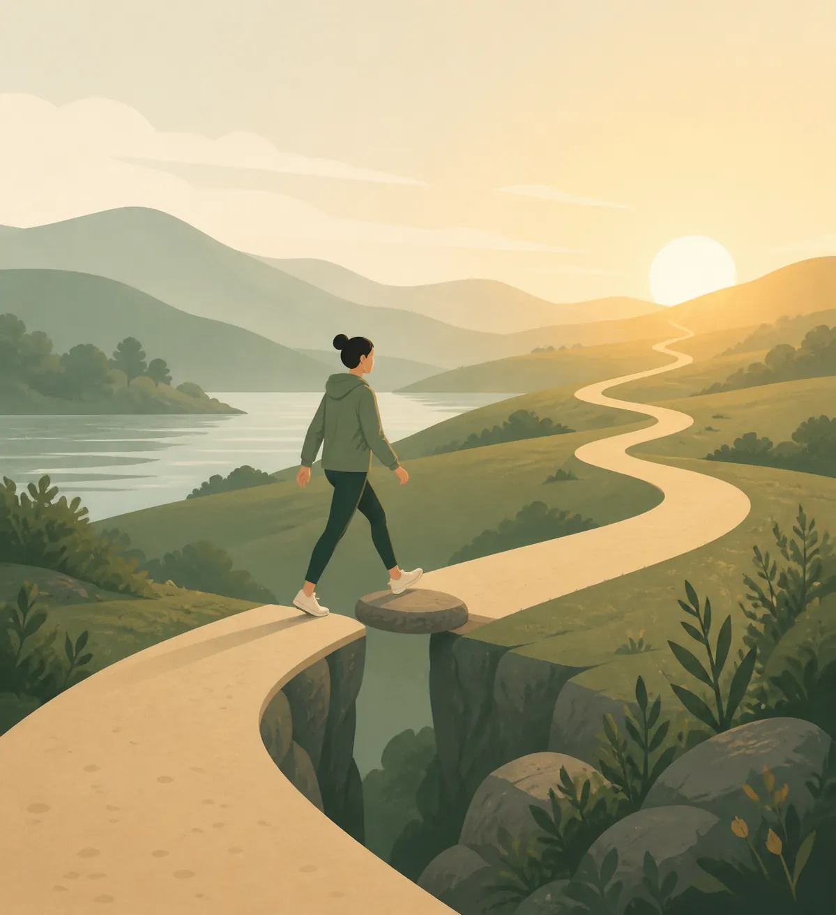 Small figure stepping across one stone over a gap in a winding path toward morning light