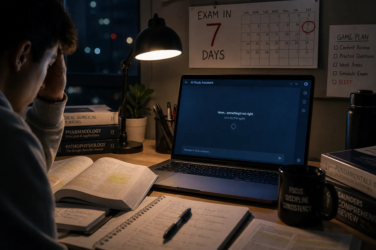 Student studying at night with textbooks, notes, an AI chat loading screen, and an approaching exam countdown