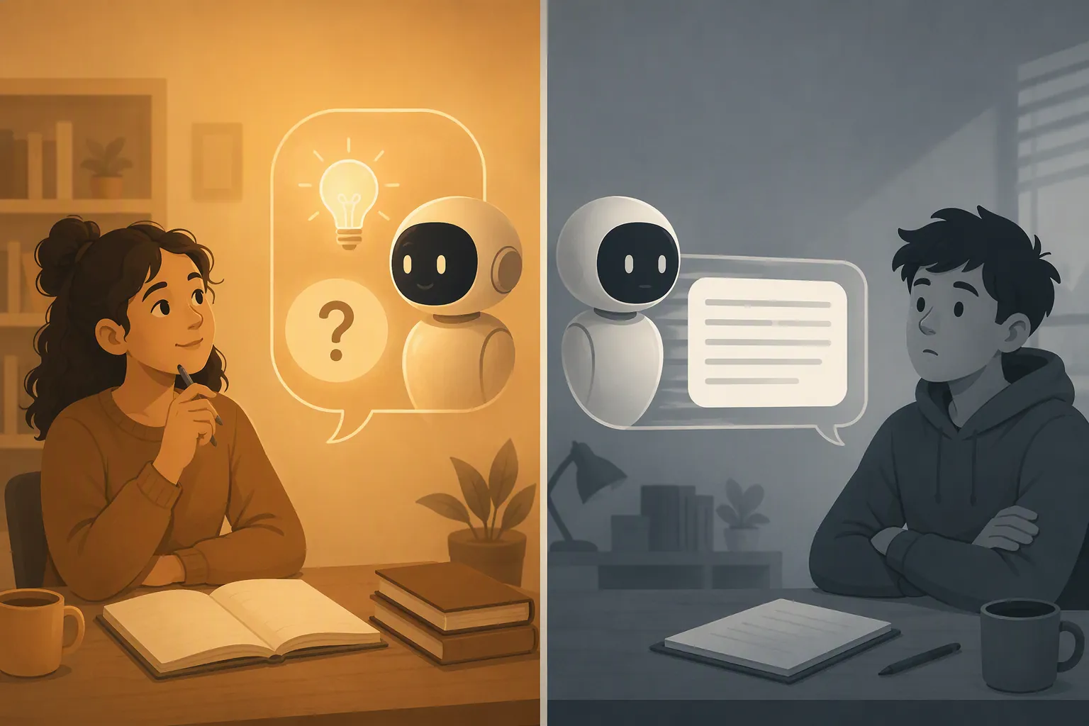 Split illustration comparing an AI tutor that gives hints with an AI chatbot that gives a complete answer