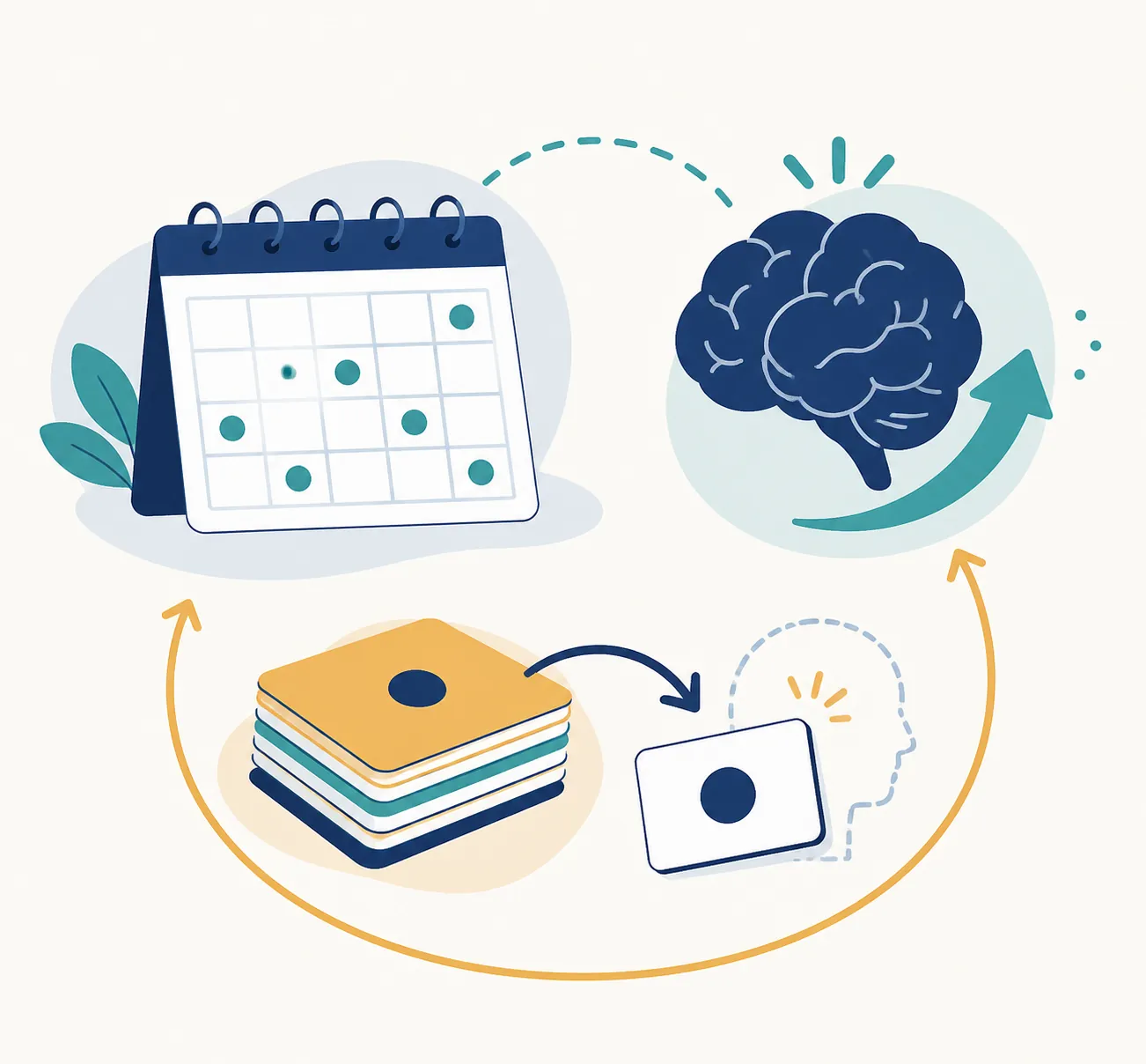 Flashcards spaced across a calendar grid with retrieval and distributed-practice loops