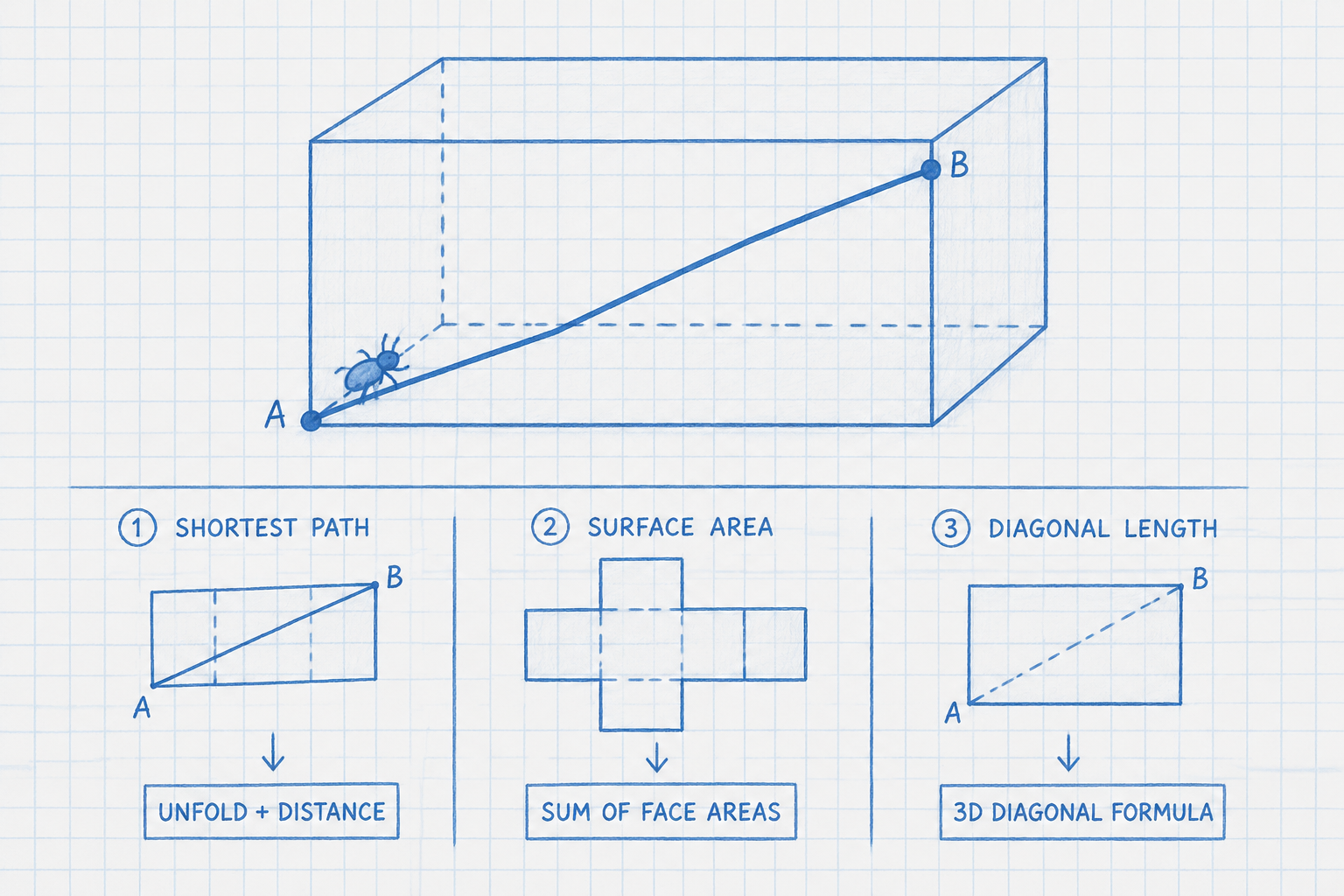 Rectangular prism on graph paper with a path across its surface illustrating a bug-fly geometry problem