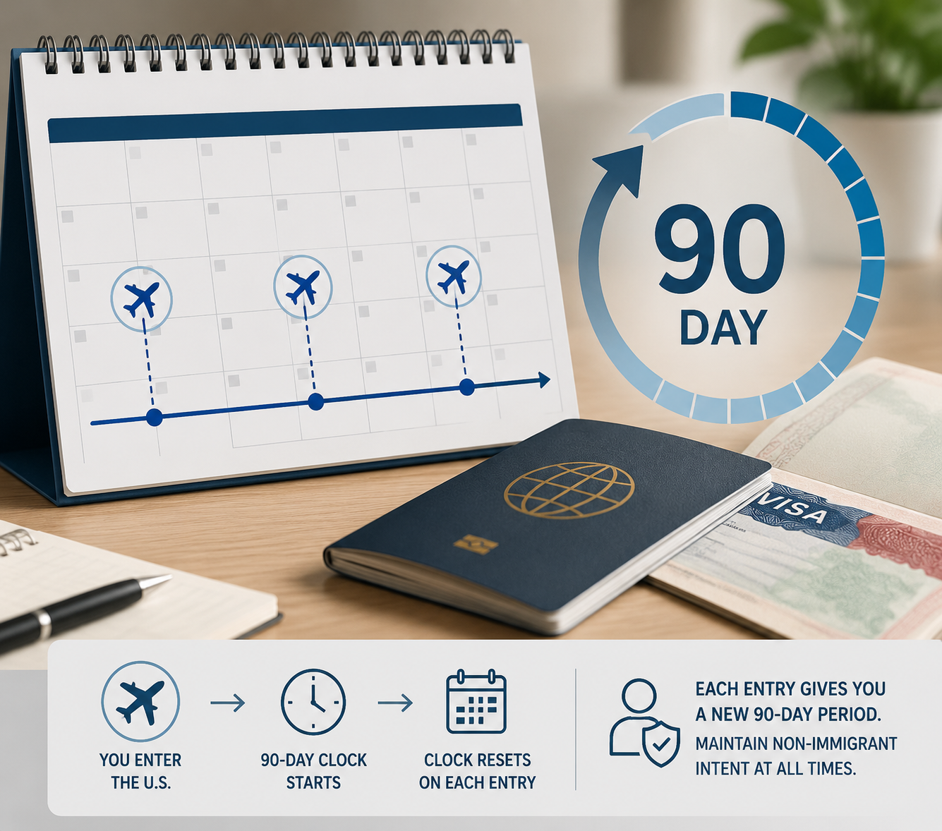 Calendar showing airplane entry dates and a 90-day countdown beside an F-1 visa and passport