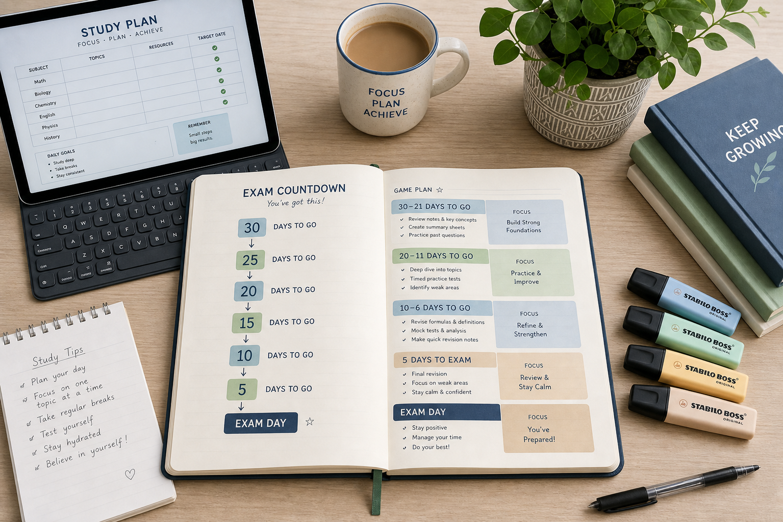A clean flat-lay desk composition centered on an open exam countdown planner showing a countdown column from '30 days to go' to 'Exam Day' with color-coded study blocks.
