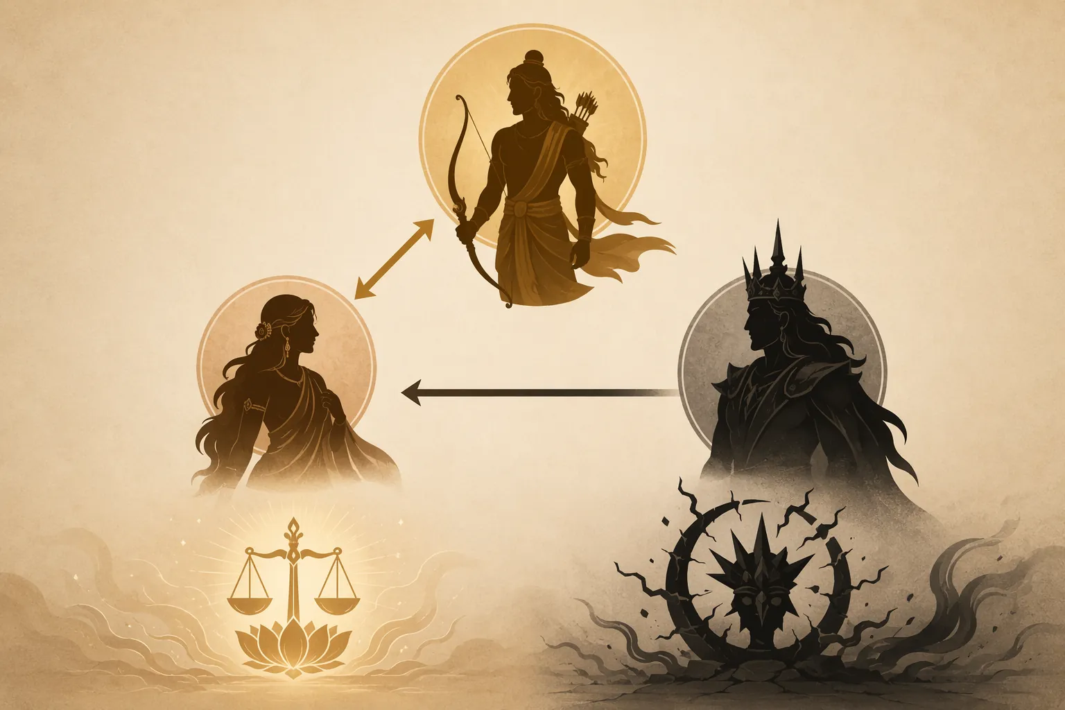 Triangle diagram of Rama, Sita, and Ravana with moral contrast below
