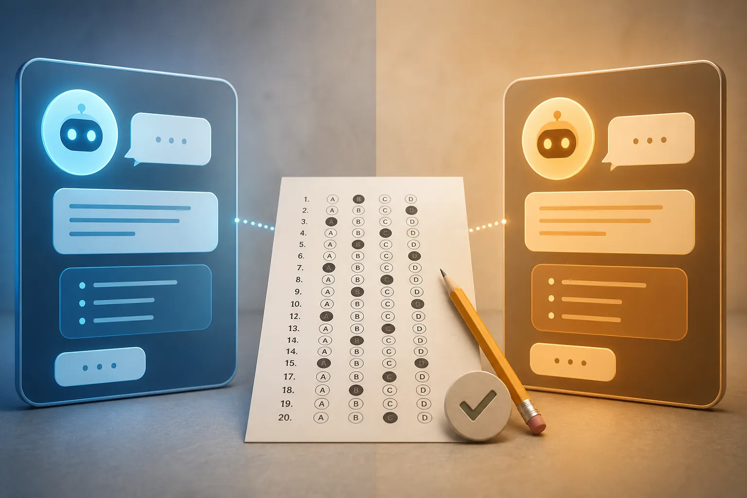 Split-screen AI chatbot comparison facing a standardized exam answer sheet