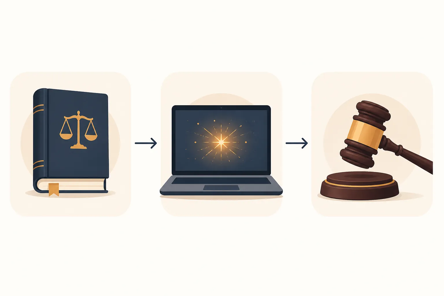 Three-step study diagram connecting a law book, laptop, and judge's gavel