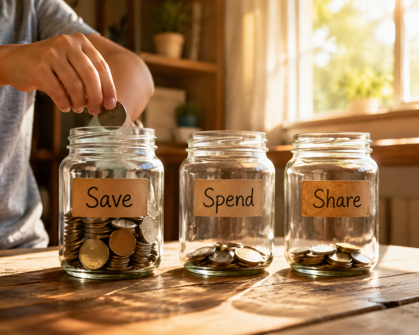 Three jars labeled Save, Spend, and Share with a child's hand adding a coin