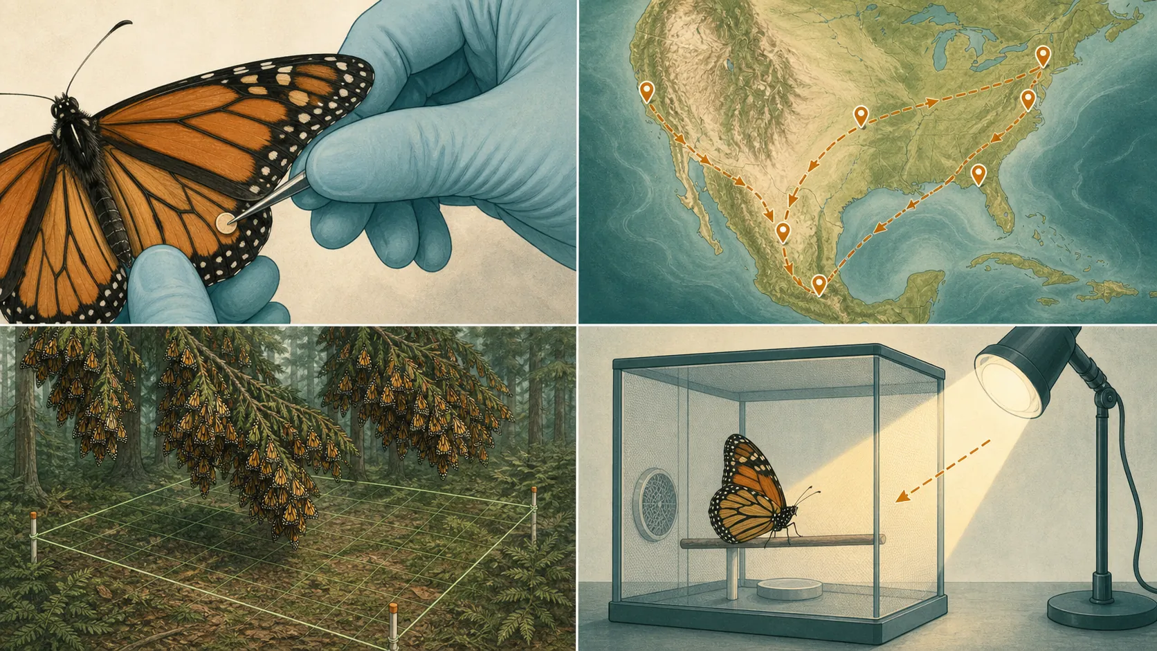 Four monarch tracking methods: hindwing tagging, mapped volunteer reports, an overwintering survey plot, and an orientation experiment