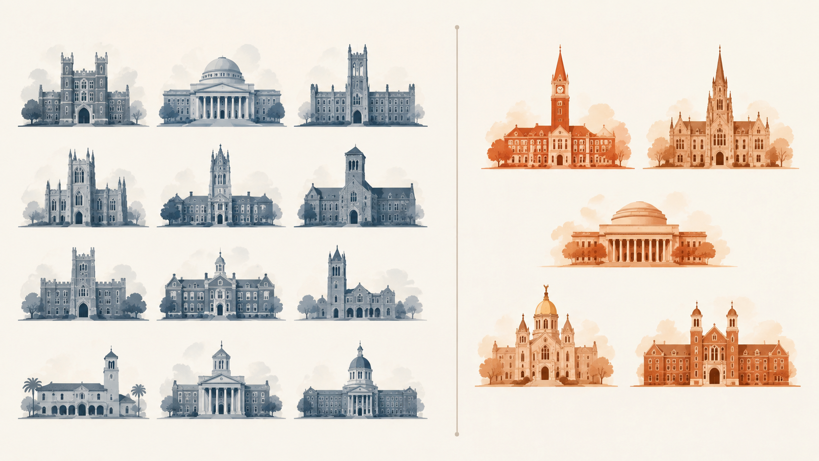 Infographic with twelve muted campus icons on the left and five warmer icons on the right.