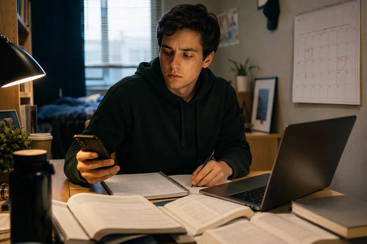 Student studying for a practice exam while checking a campus news notification