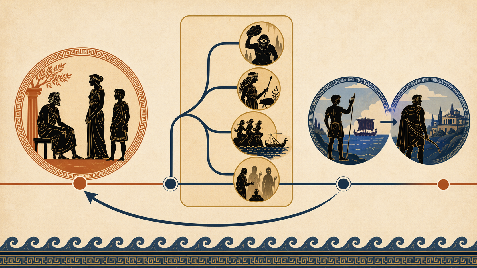 Infographic diagram of The Odyssey's non-linear structure with Ithaca, flashbacks, and return journey