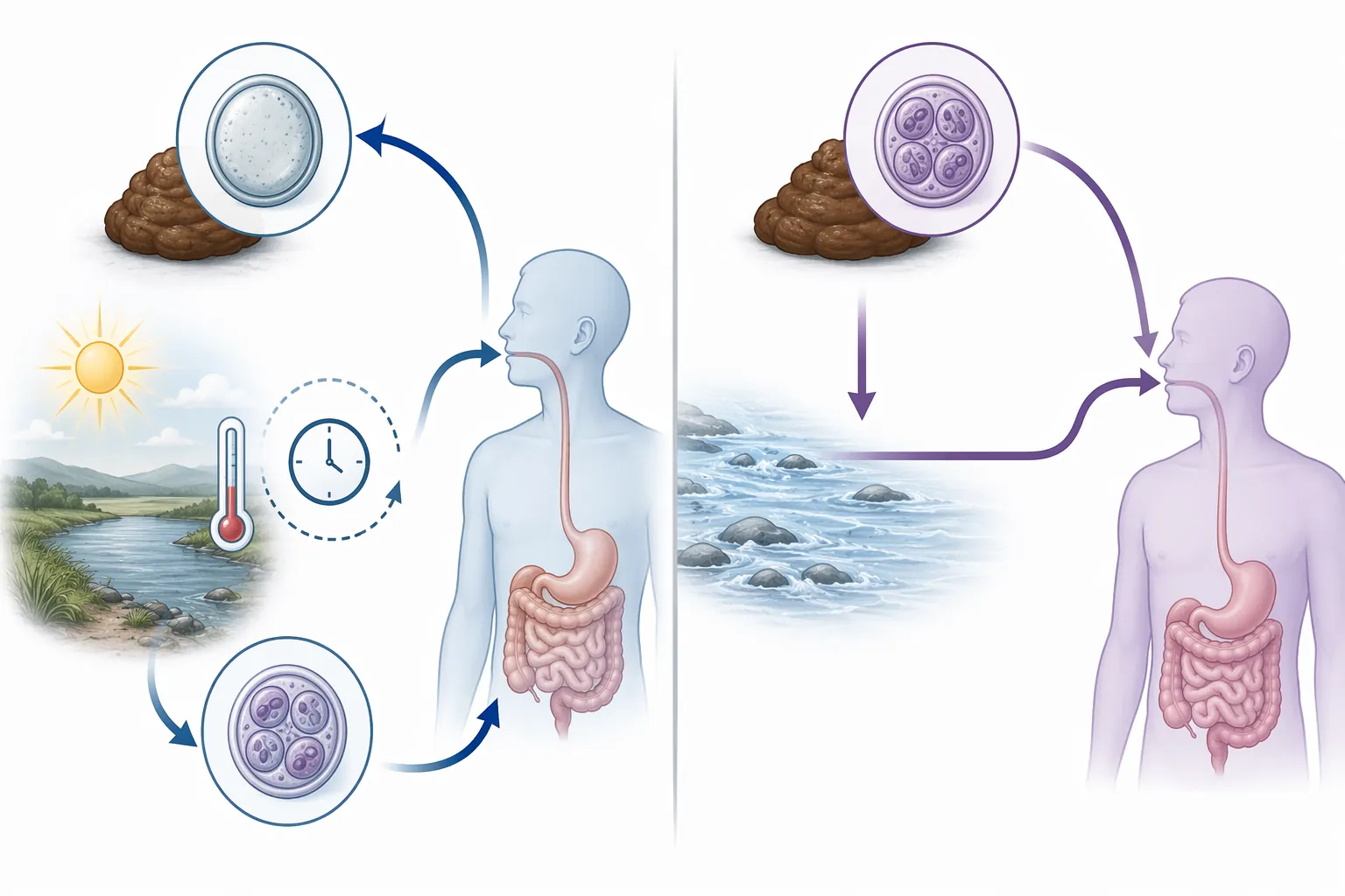 Side-by-side comparison of Cyclospora and Cryptosporidium life cycles showing delayed environmental sporulation versus immediate infectivity