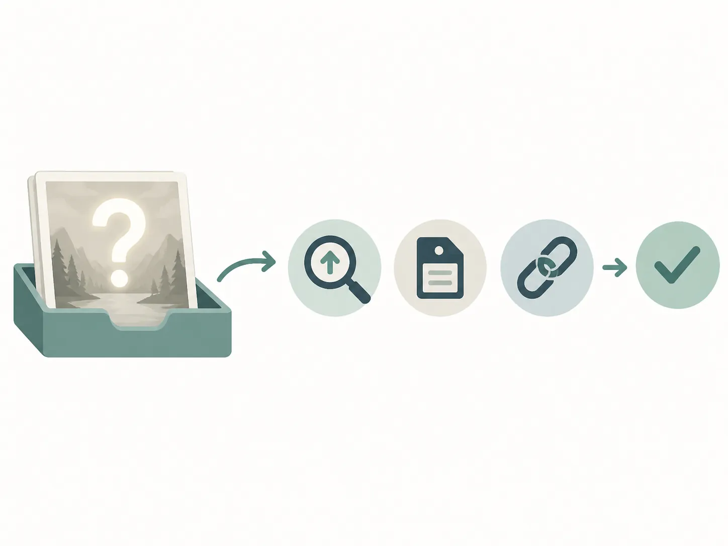A triage workflow moving from a questioned photo to search, metadata, provenance, and a checkmark