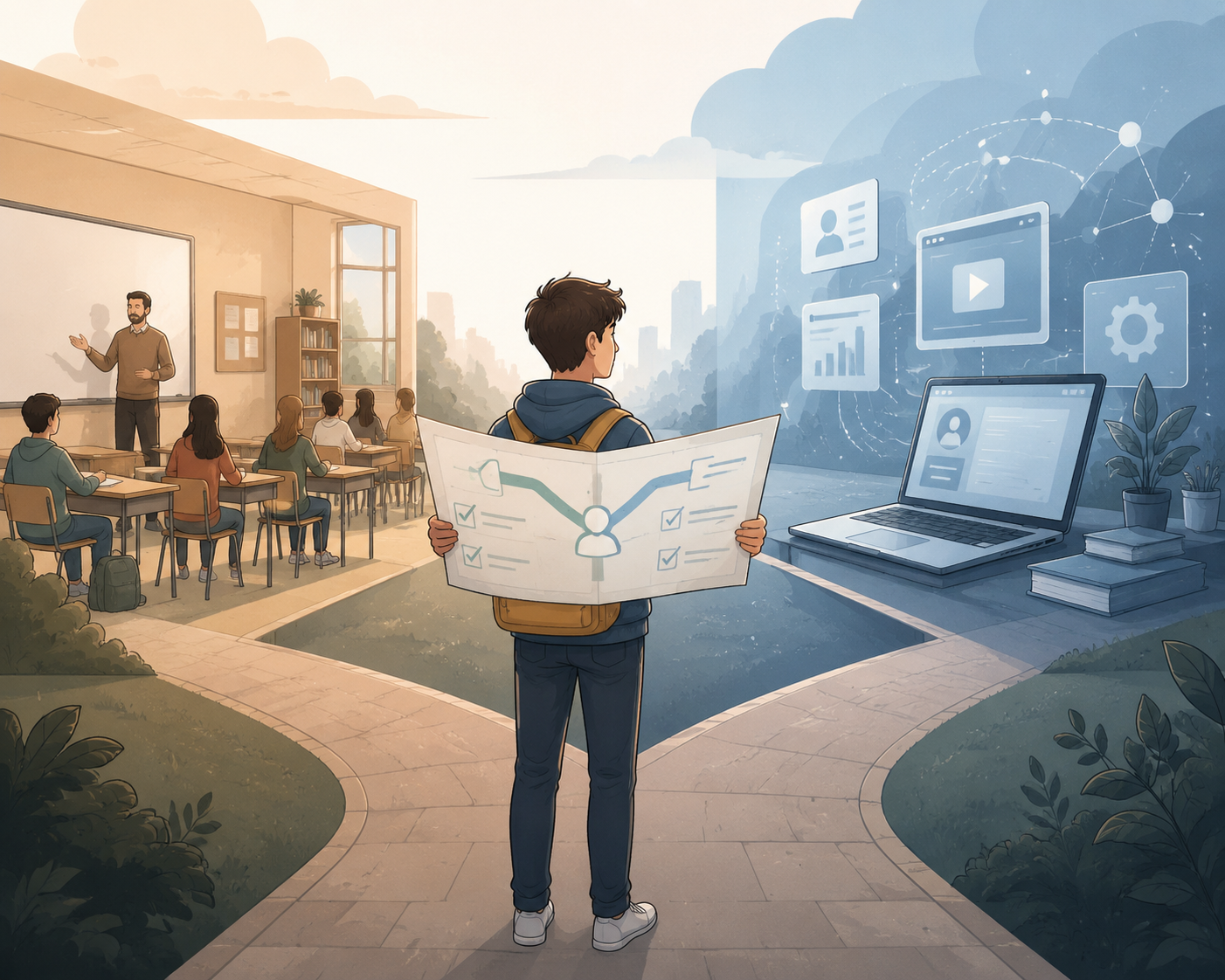 Student choosing between local classroom SAT prep and online digital SAT prep while holding a personalized roadmap