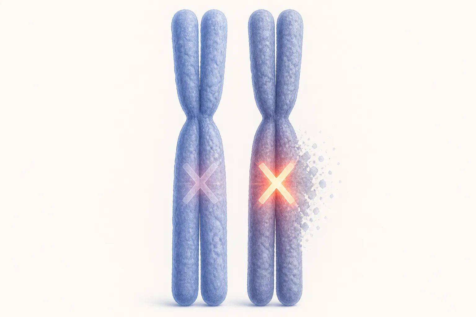Two homologous chromosome strands marked with mutations to illustrate two-hit tumor suppressor inactivation