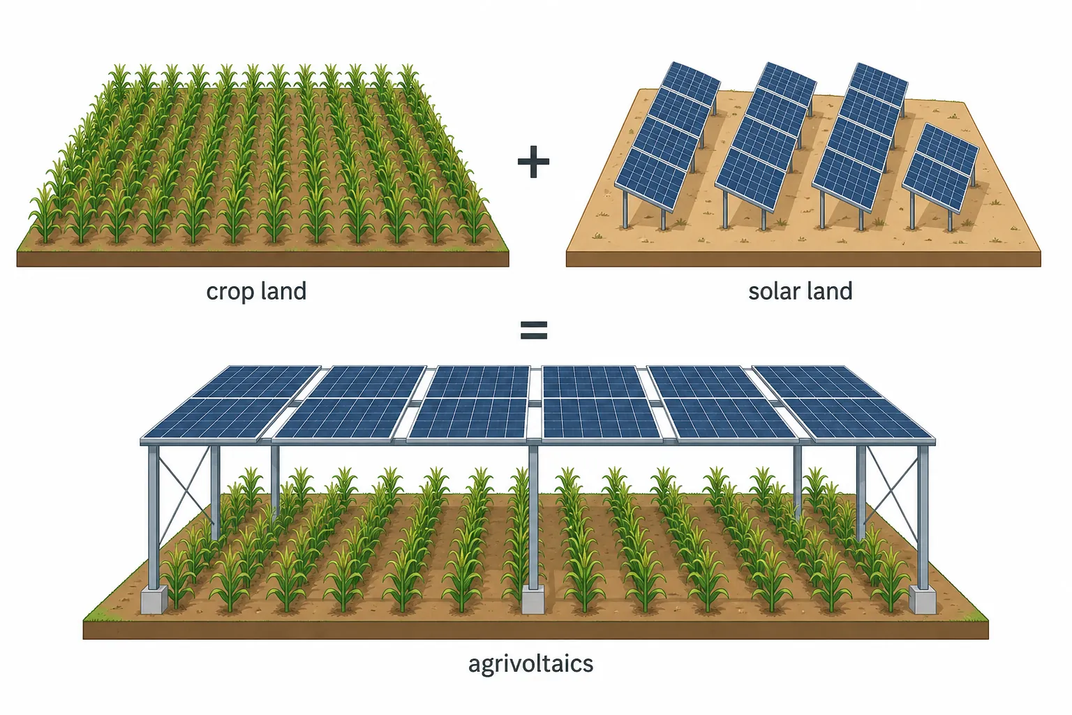 Diagram comparing separate crop and solar plots with a combined agrivoltaics plot to illustrate Land Equivalent Ratio