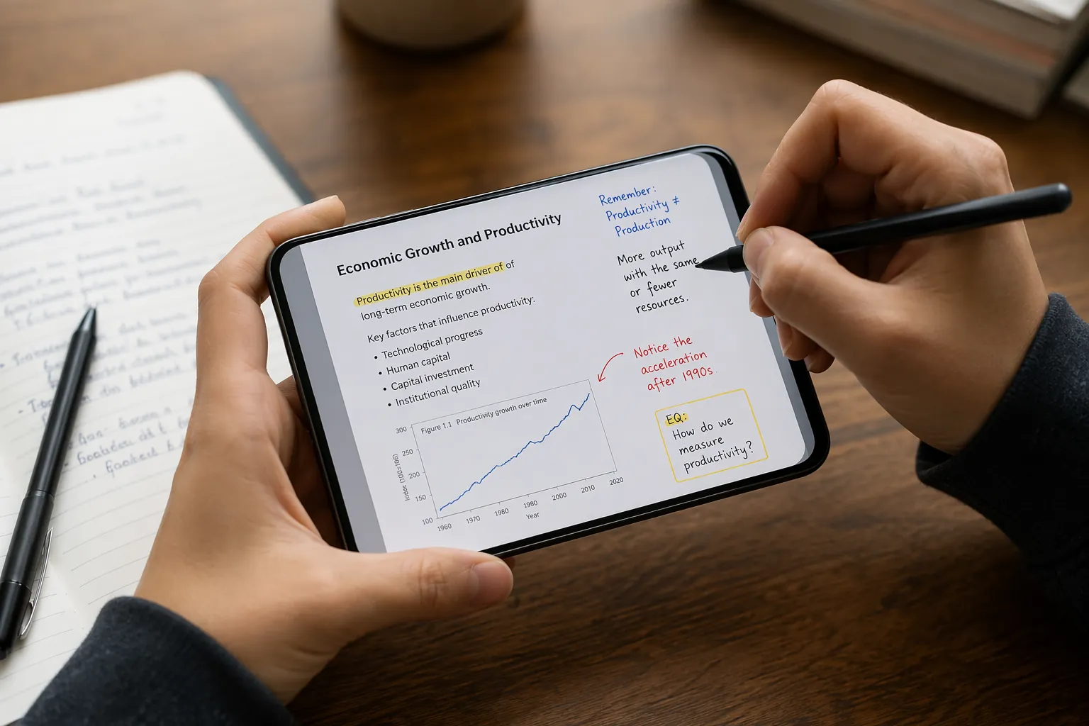 Student using a stylus to annotate lecture slides on a smartphone screen