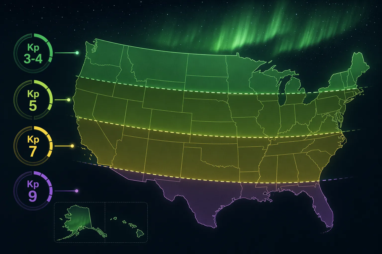 Educational map showing Kp index bands for possible aurora visibility across the United States