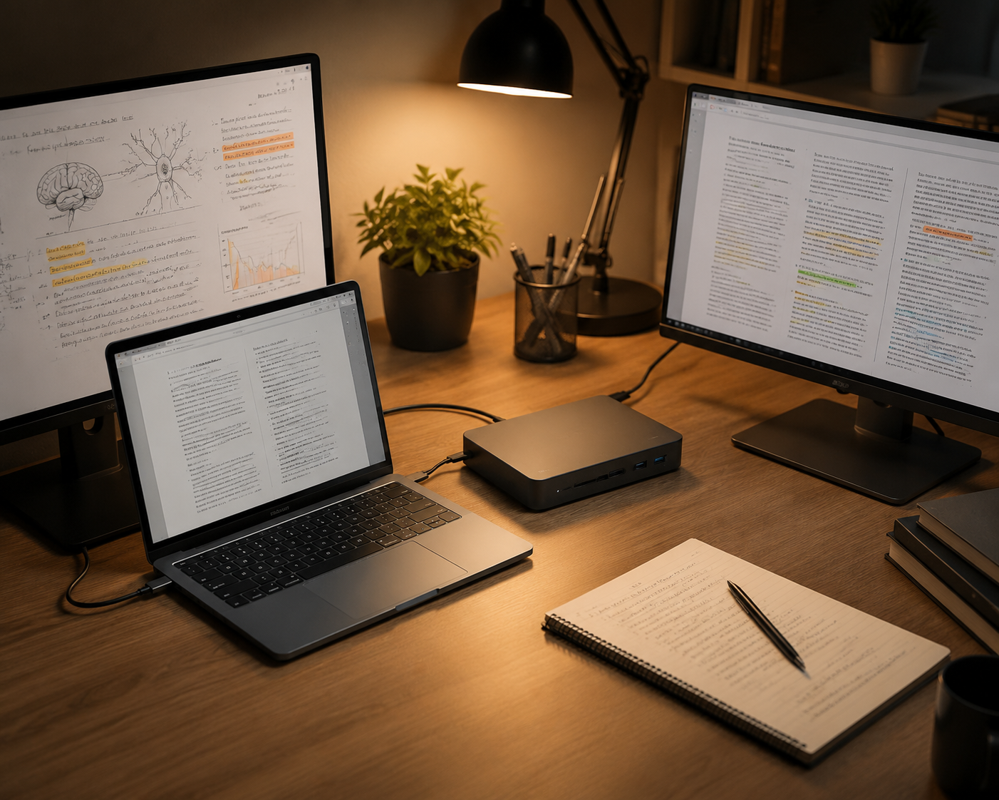 A clean study desk with a laptop connected by USB-C to a compact dock and two external monitors showing study documents
