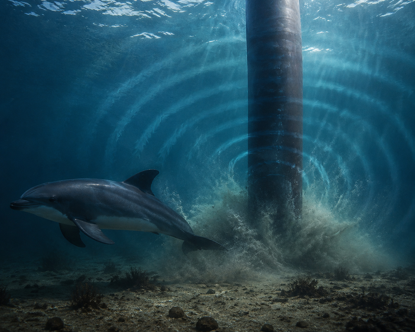 Underwater monopile foundation being driven into the seabed with pressure waves and a harbor porpoise swimming away