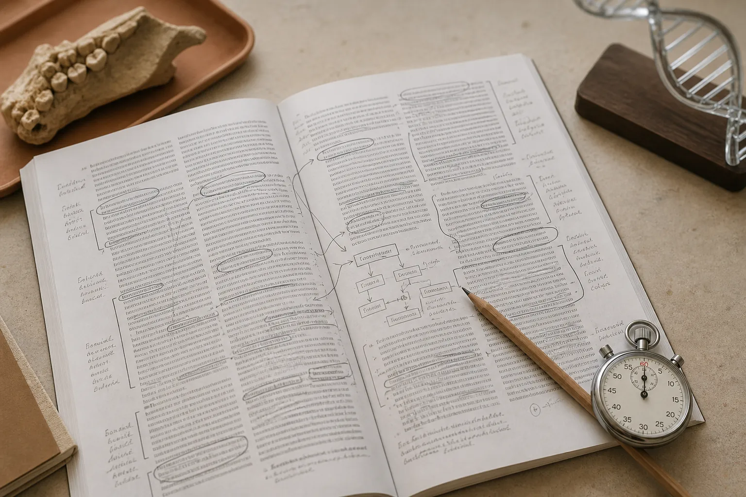 Annotated research paper on a study desk with a pencil, stopwatch, bone specimen, and DNA model