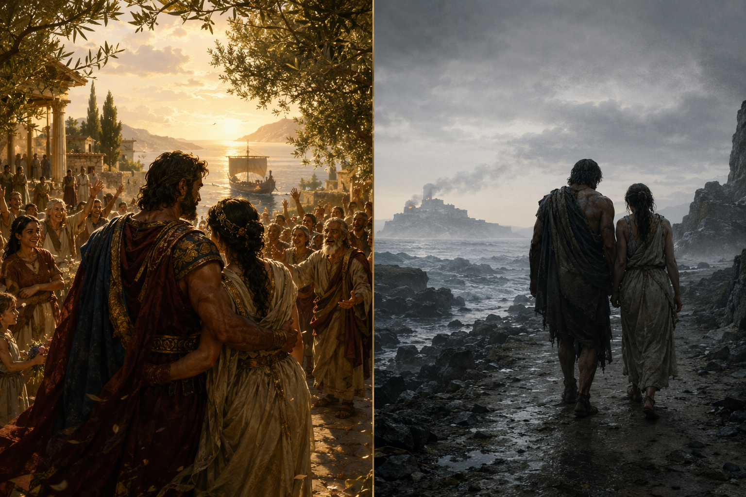 Split illustration contrasting Homer’s restored homecoming with Nolan’s exile ending on a desolate coastline