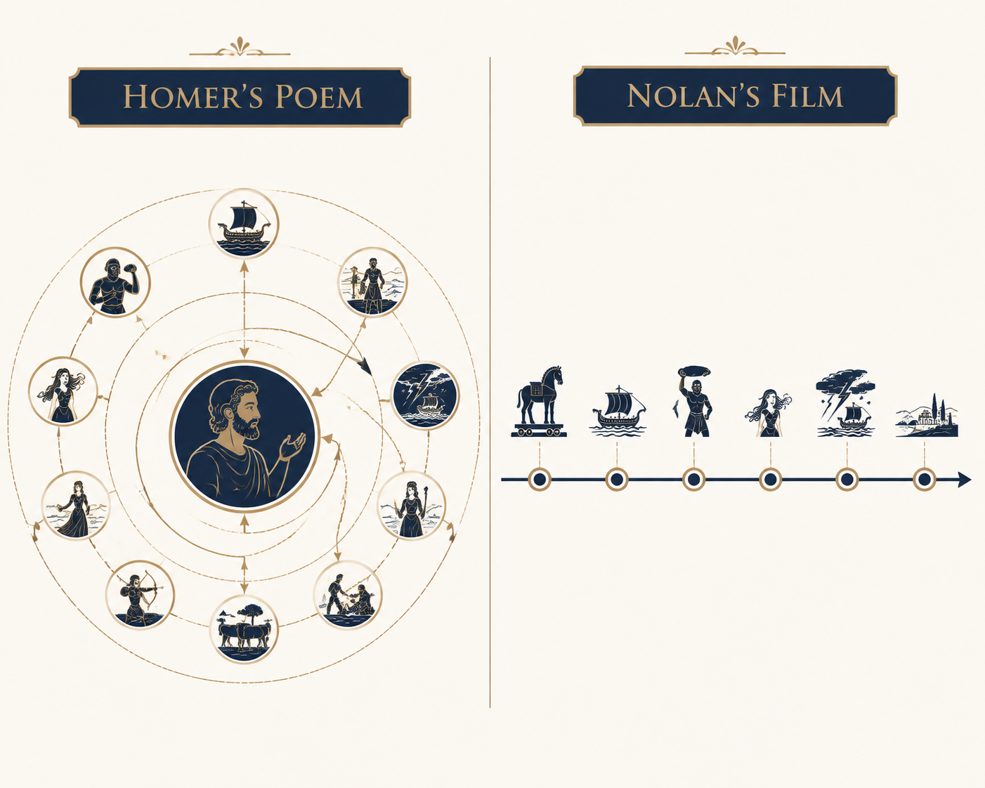 Infographic comparing Homer's nested flashback narration with Nolan's linear chronological timeline