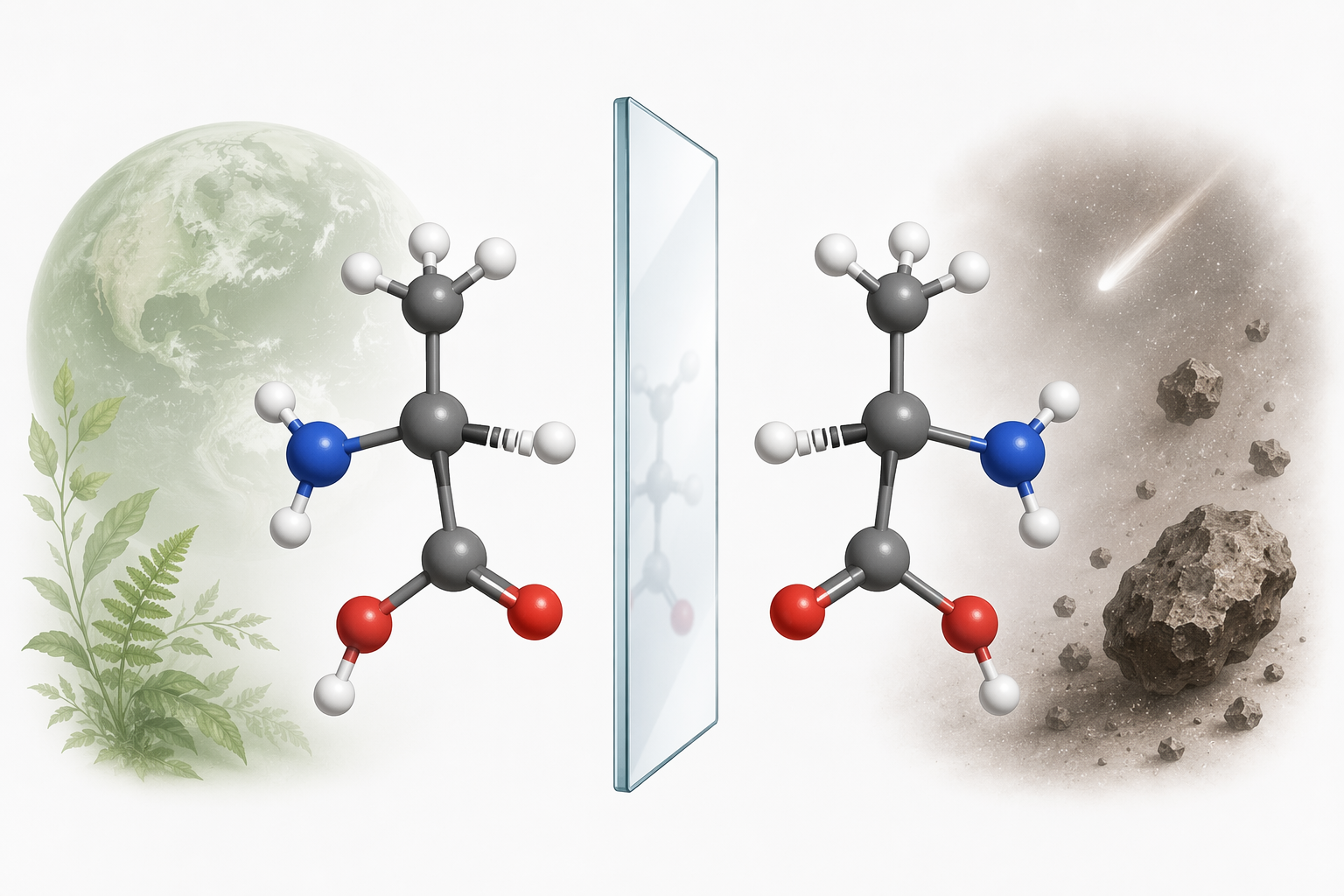 Two mirror-image molecular models of alanine showing left-handed and right-handed forms side by side