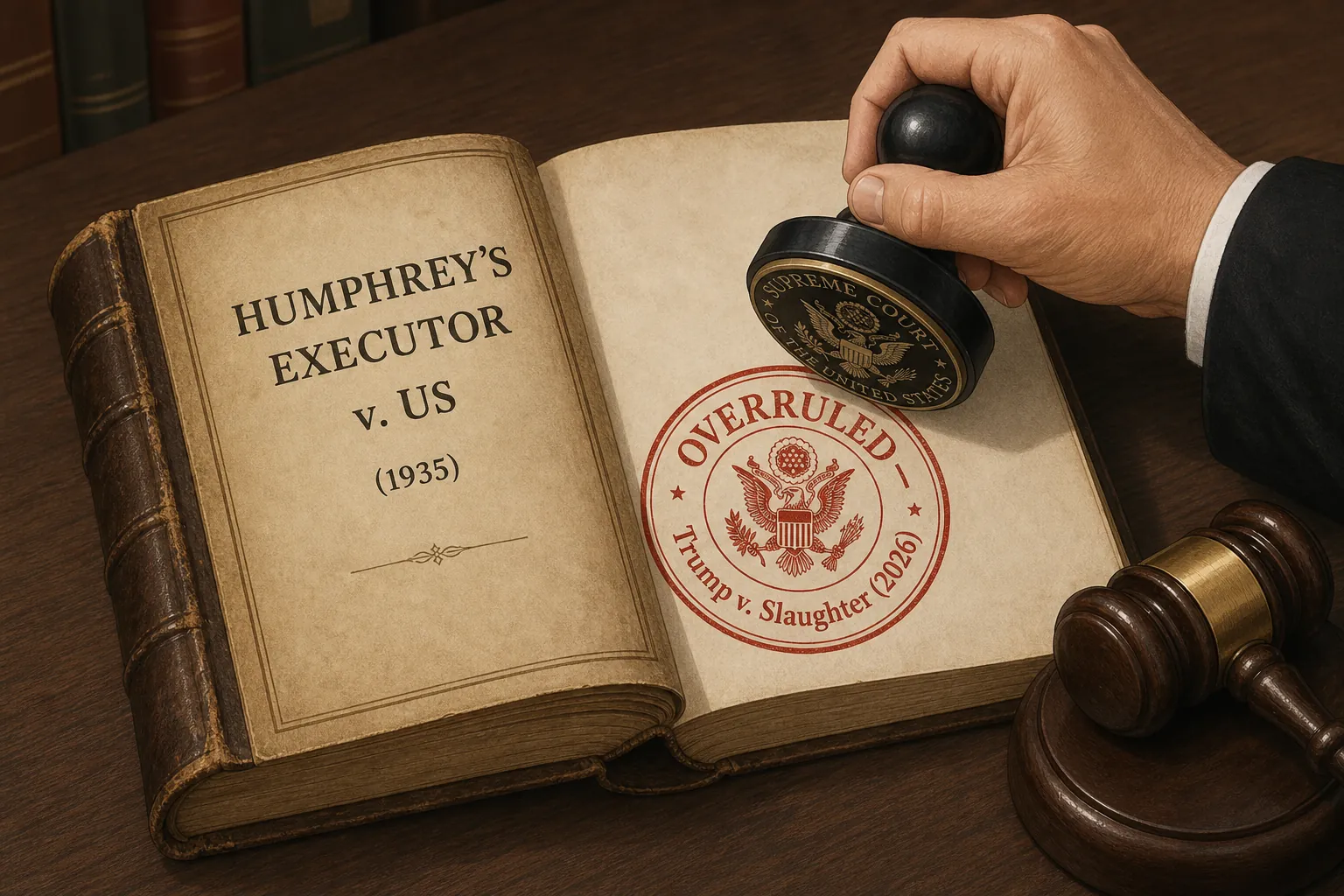 Open law book labeled Humphrey's Executor v. United States stamped overruled by Trump v. Slaughter