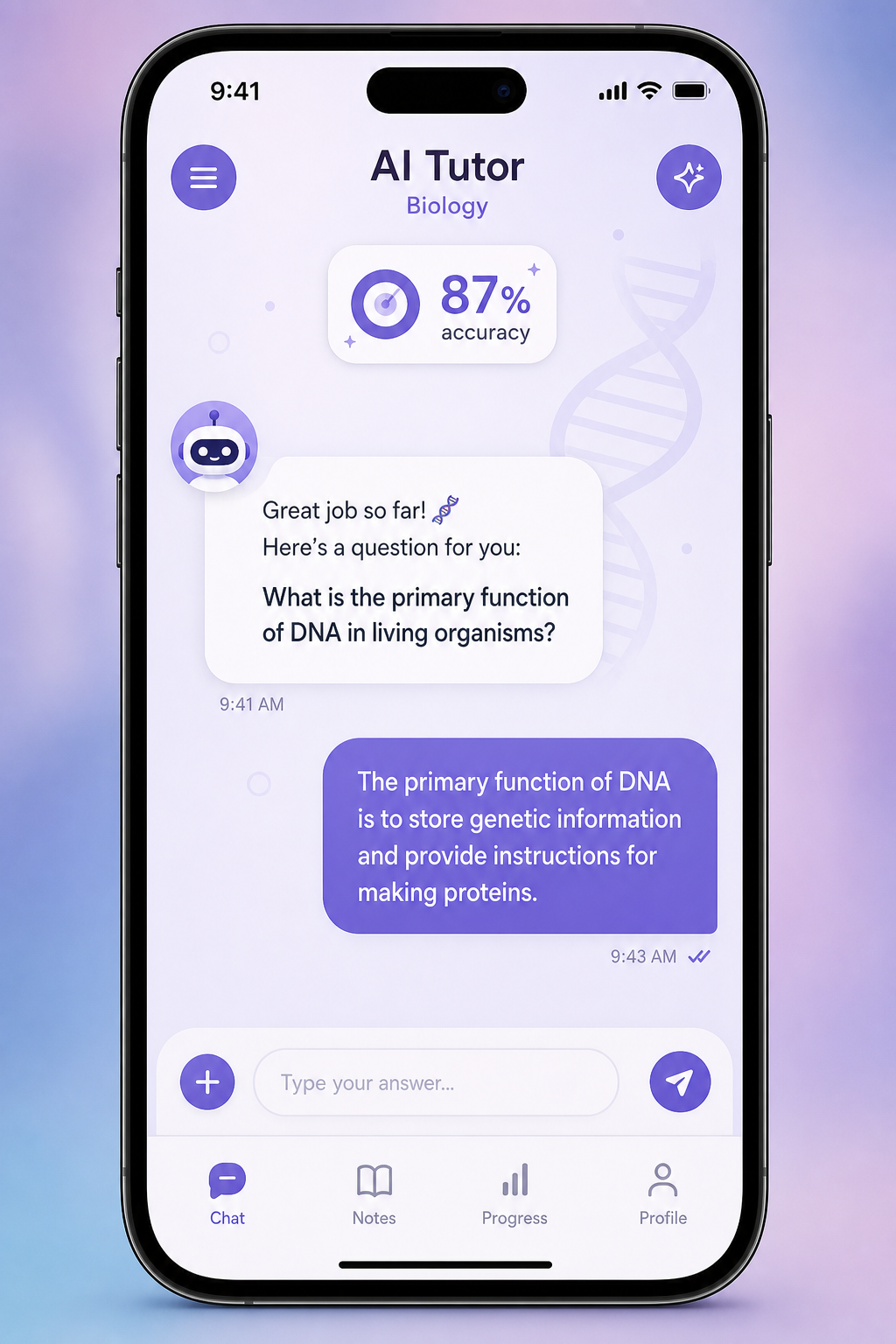 Close-up of a smartphone screen showing an AI tutor chat interface with purple accent colors, a chatbot bubble on the left asking a biology question, and a student response bubble on the right.