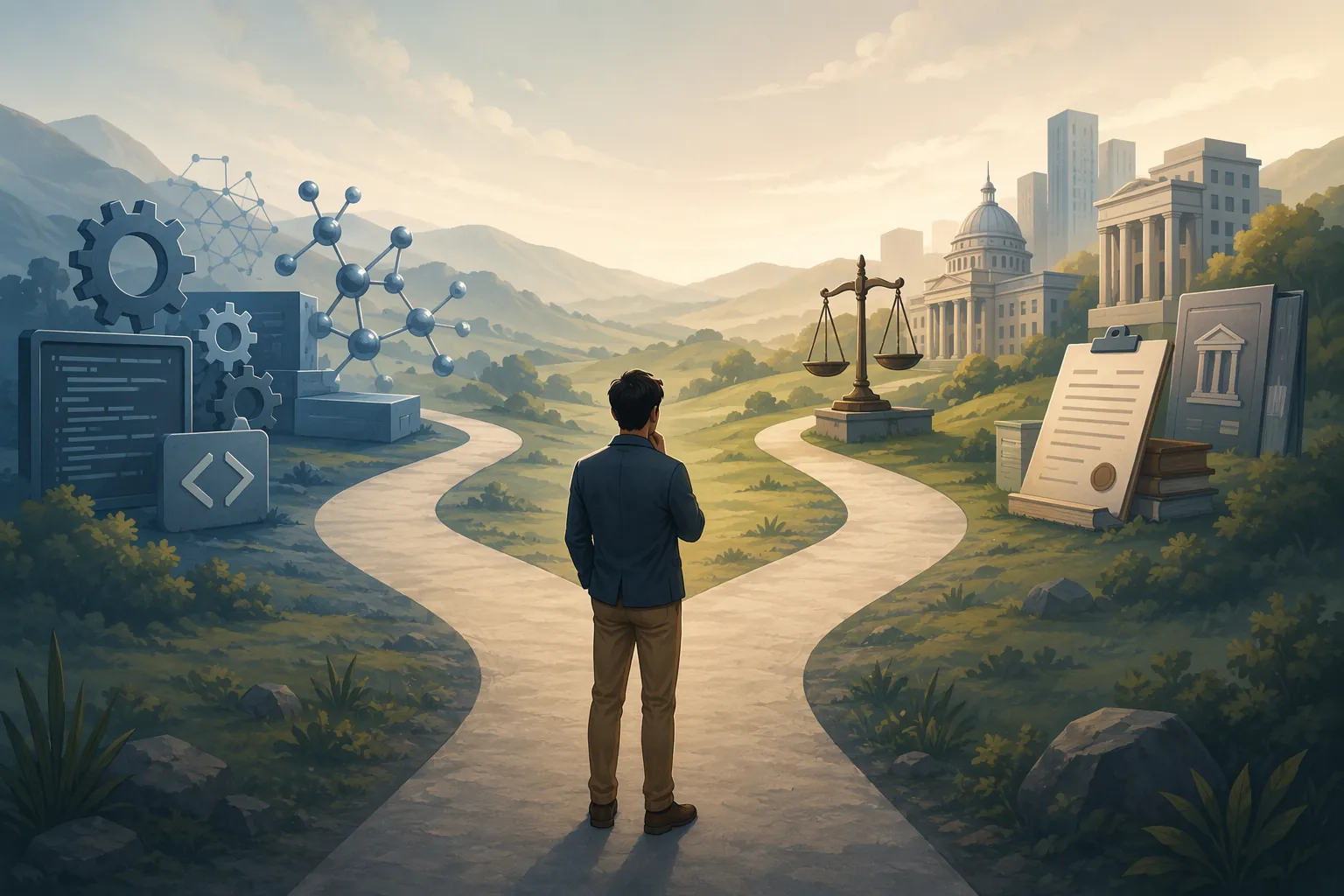 A learner standing at a fork between technical AI alignment and AI governance study paths