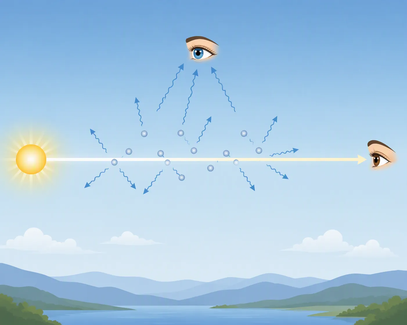 Diagram of blue light scattering sideways while transmitted sunlight continues forward as pale yellow-white