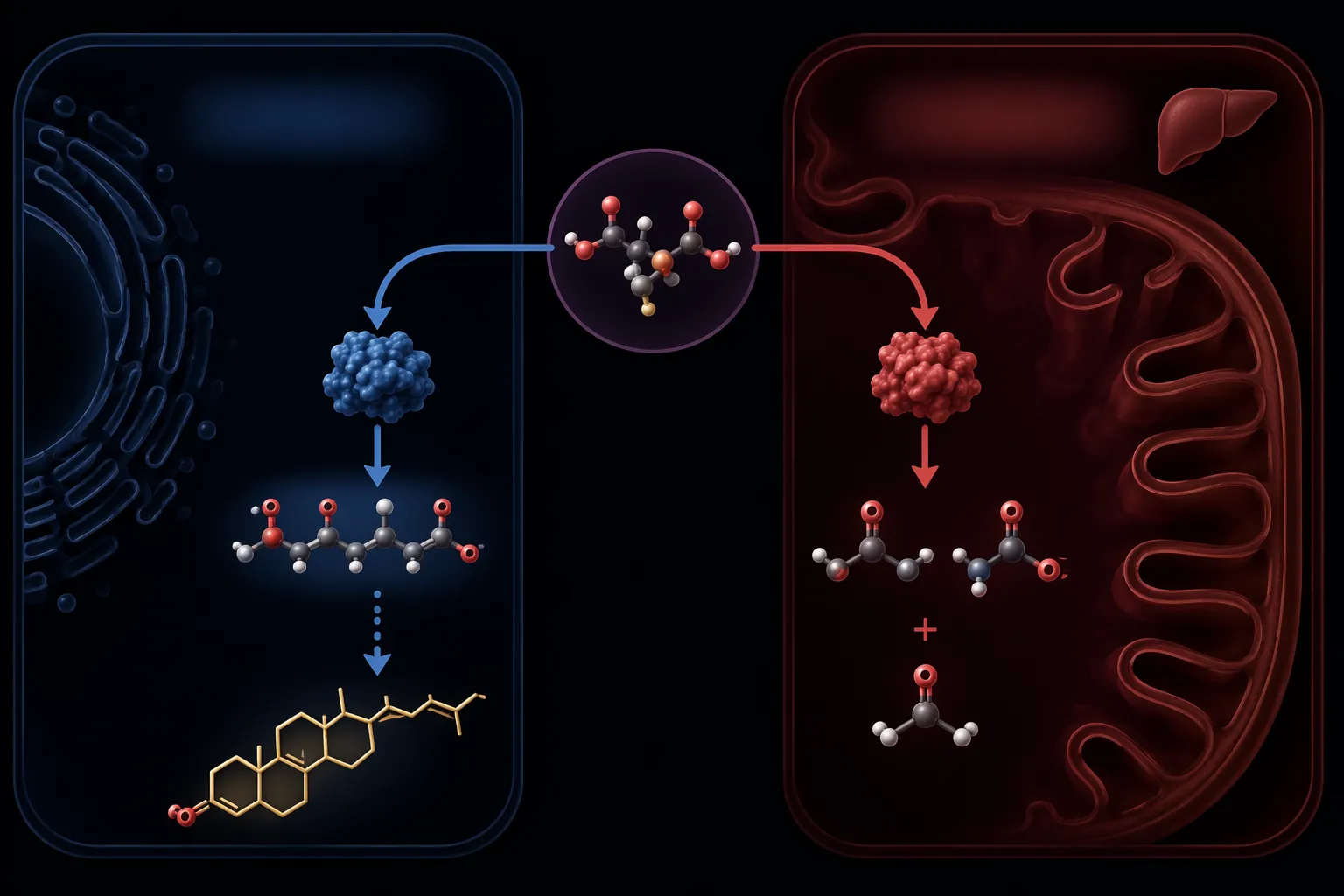 Two-compartment diagram contrasting cytoplasmic HMG-CoA to cholesterol with mitochondrial HMG-CoA to ketone bodies