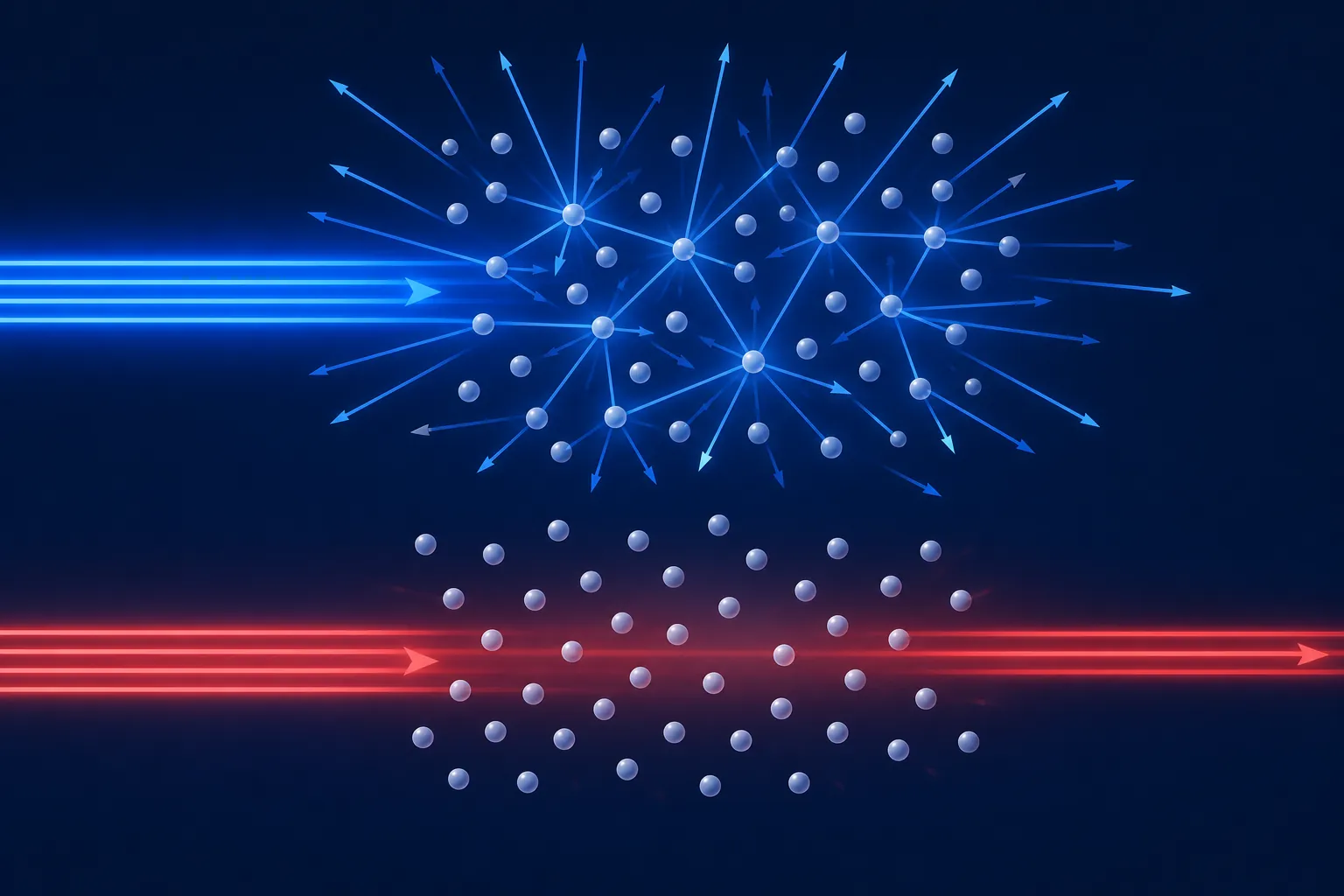 Blue light scattering strongly from air molecules while red light travels mostly straight
