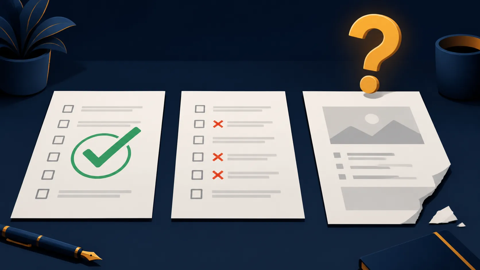 Three exam sheets showing strong single-choice performance, weaker multi-answer work, and uncertain case-analysis reasoning