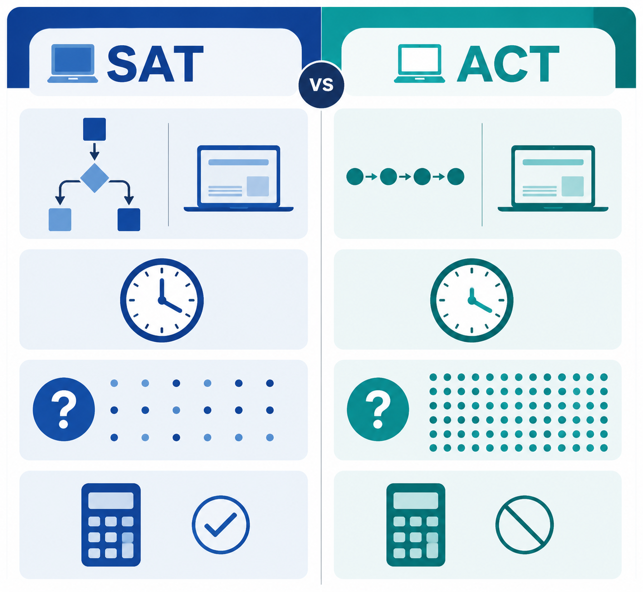 Side-by-side visual of Digital SAT and Enhanced ACT format differences including adaptive structure, pacing, question density, and calculator access