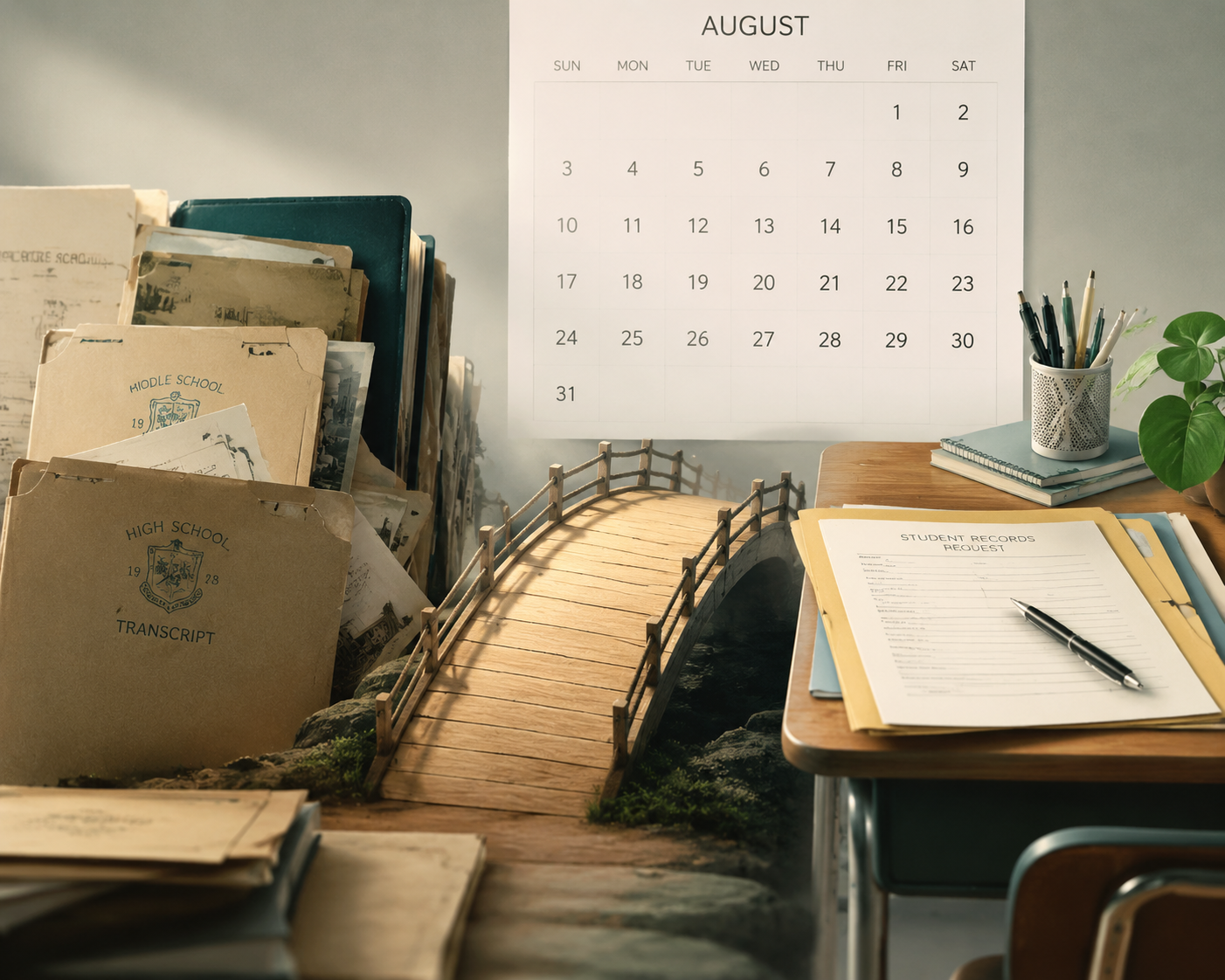 Transcript folders transitioning toward new school enrollment forms with an August calendar in the background