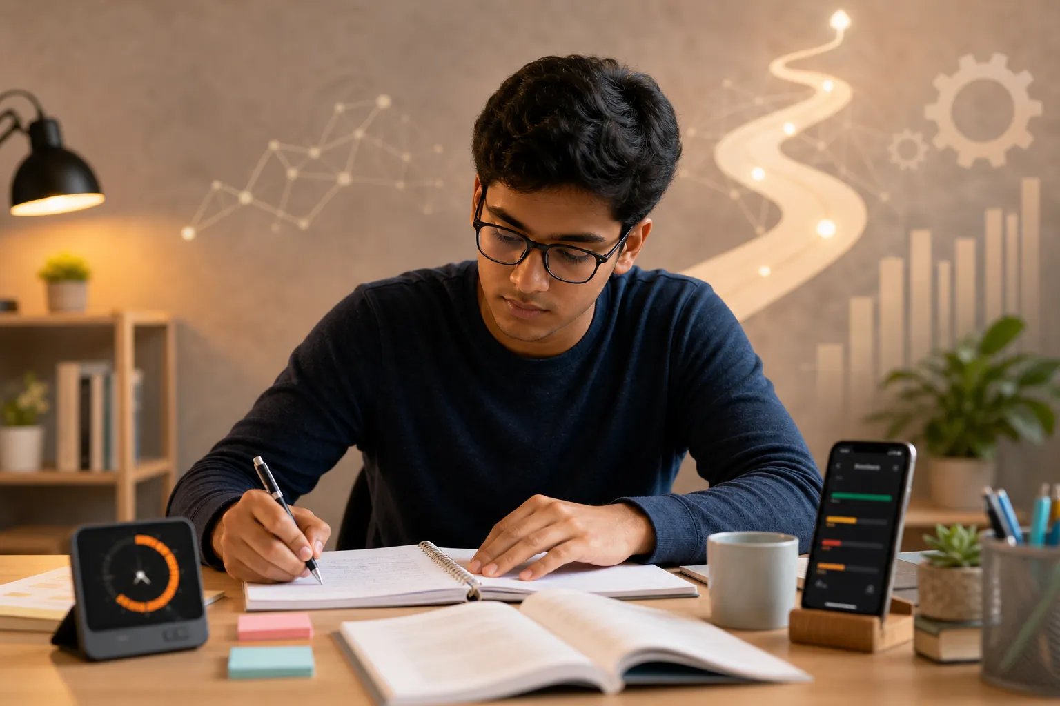 Student preparing for an exam with a practice test, timer, error notebook, and spaced repetition app