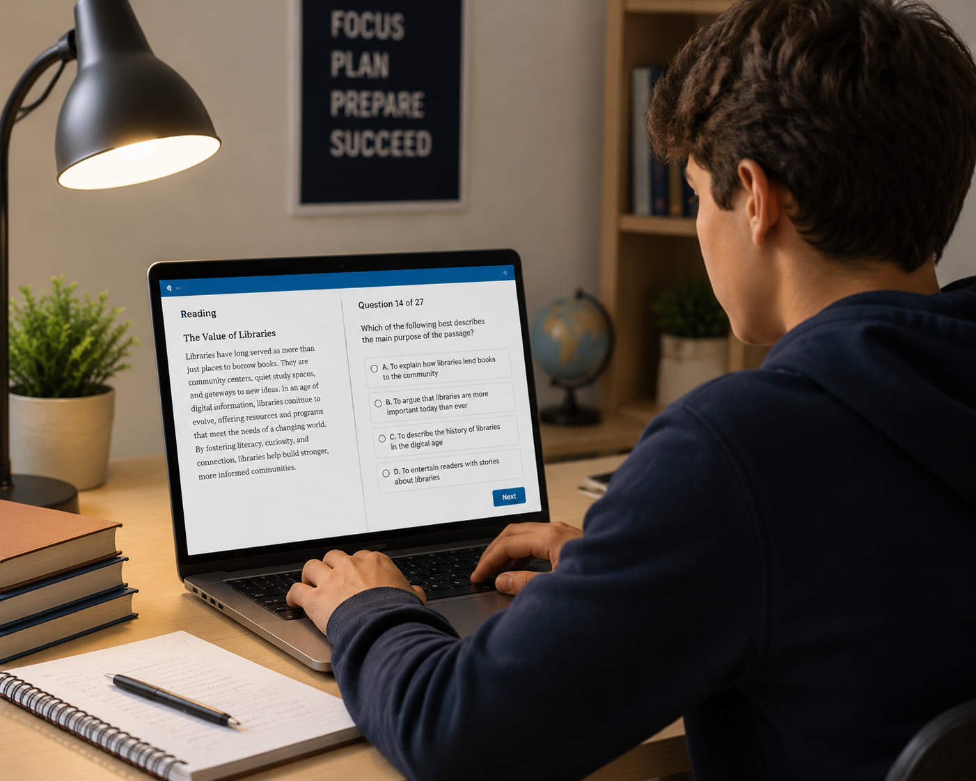 High school student practicing a digital reading test on a laptop with notes beside it