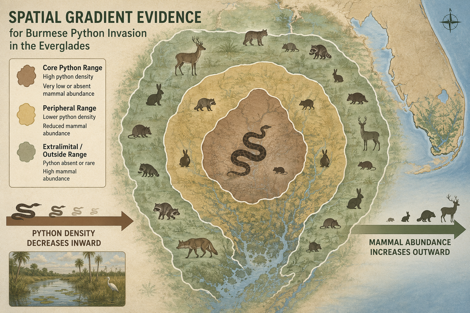 Diagram showing core, peripheral, and outer zones of mammal decline relative to Burmese python range