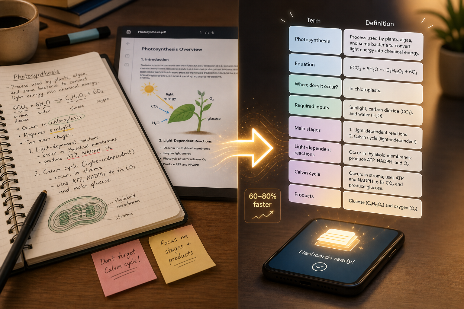 Split visual showing a messy notebook and printed PDF on the left, a glowing digital arrow in the center, and neatly arranged floating digital flashcards above a smartphone on the right.