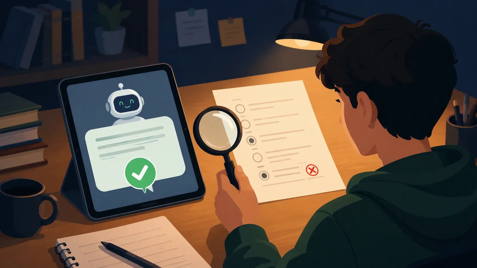 Student comparing a chatbot answer with a printed answer key while a magnifying glass sits between them
